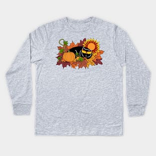 Fall Cat with Autumn Leaves, Sunflower and Pumpkin Kids Long Sleeve T-Shirt